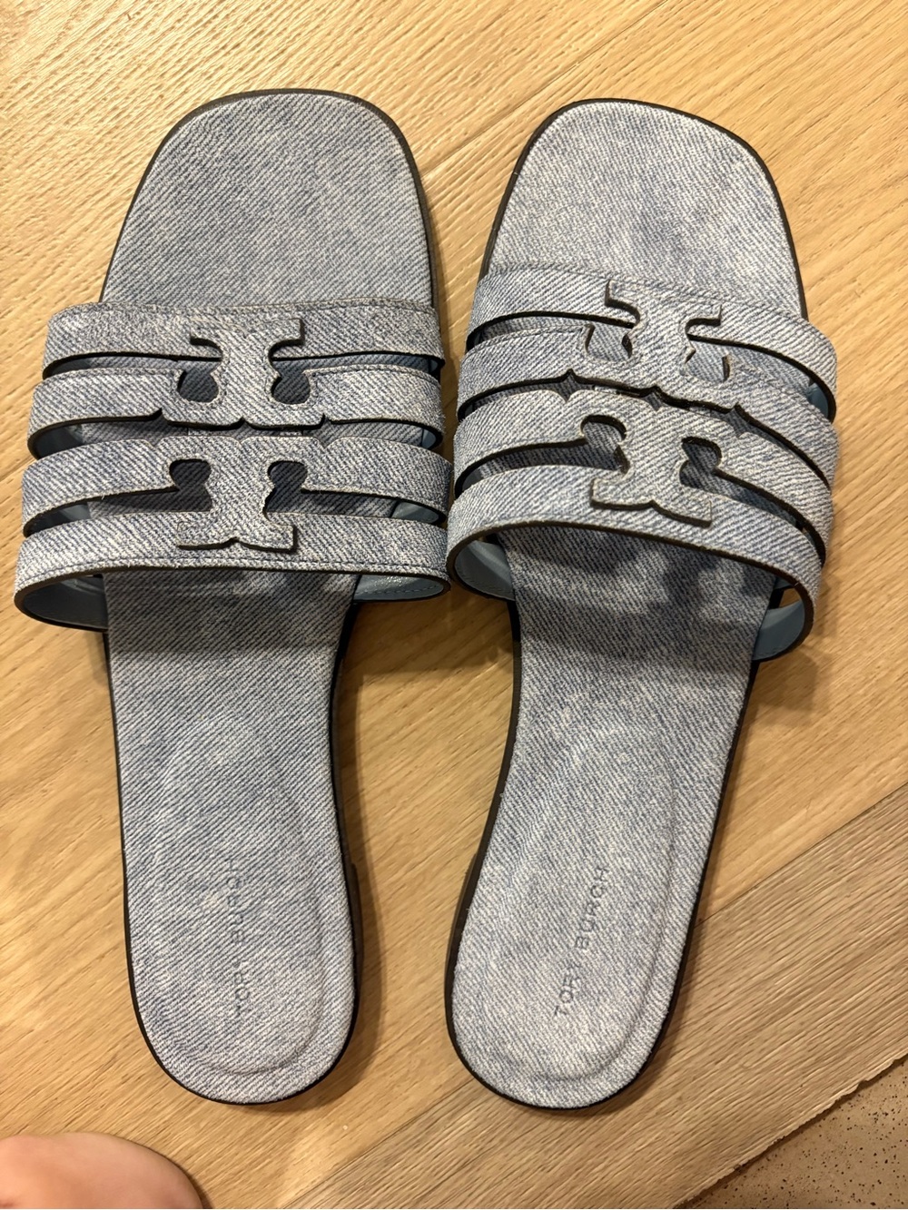 Tory Burch Light Denim-Style Triple-Strap Slide Sandals